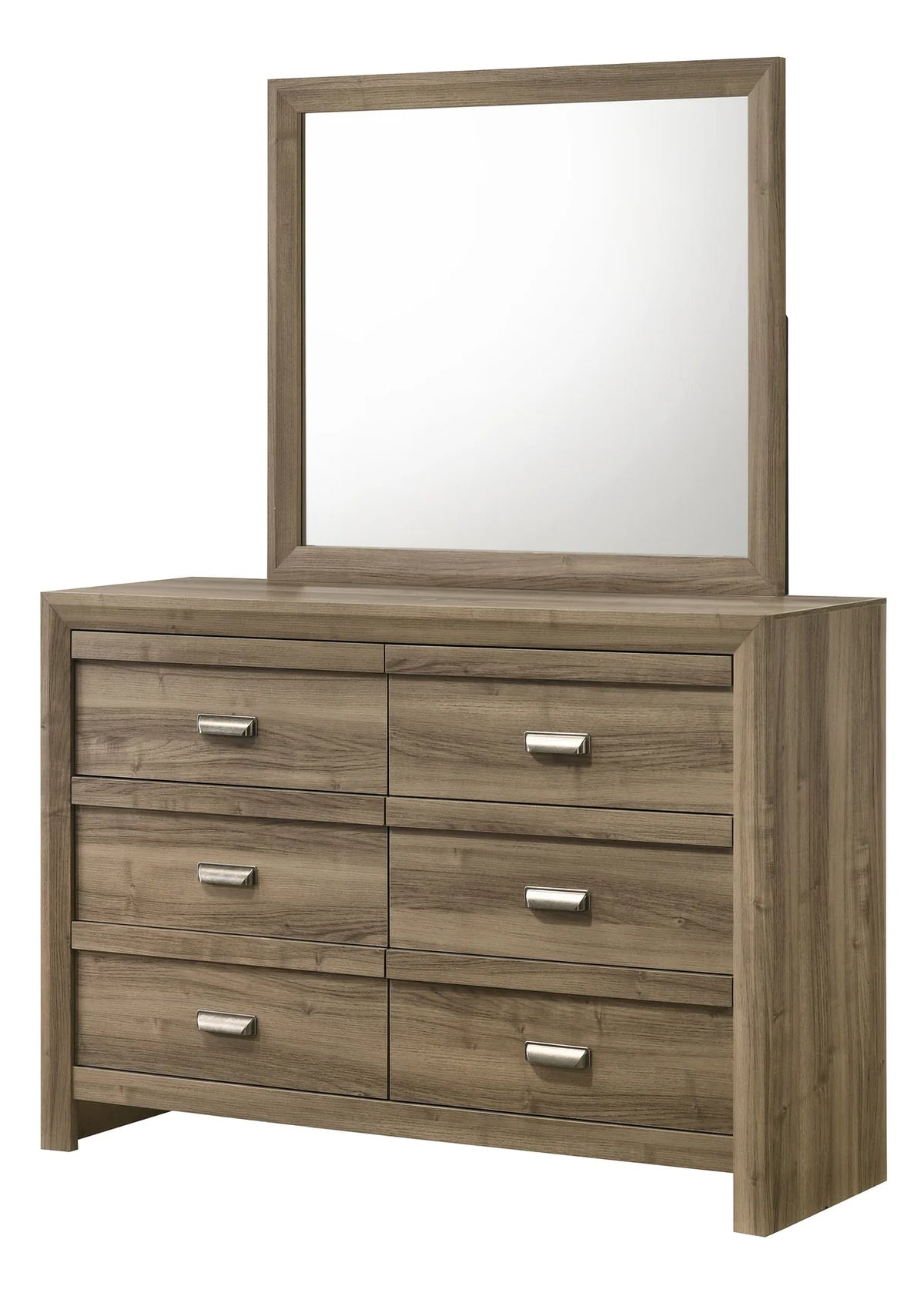 Valor bedroom set with chevron headboard bed, nightstand, dresser, mirror, and chest in a warm wood-tone finish