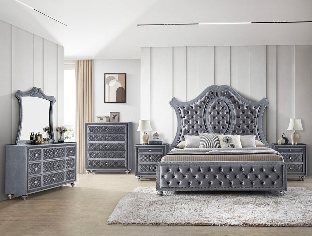 Cameo upholstered bed with tufted arched headboard in gray, shown with matching nightstands and dresser