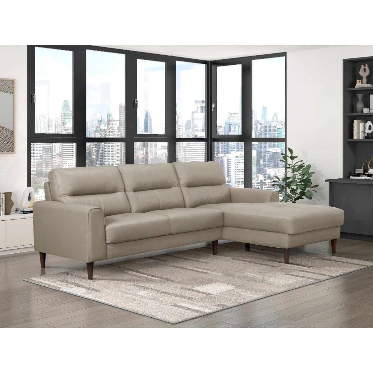Latte leather 2-piece sectional sofa with right-facing chaise and tapered wood legs