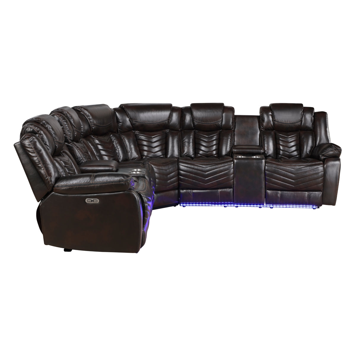 Dark brown faux leather power reclining sectional with LED lighting and consoles