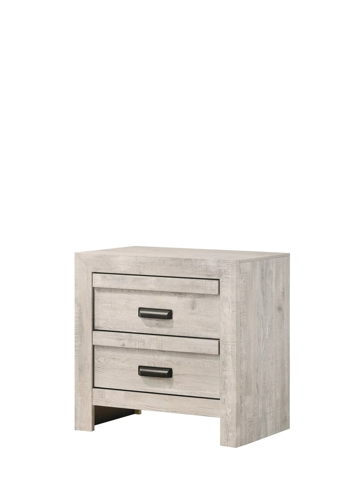 Valor whitewashed bedroom set with chevron headboard bed, dresser, mirror, nightstand, and chest