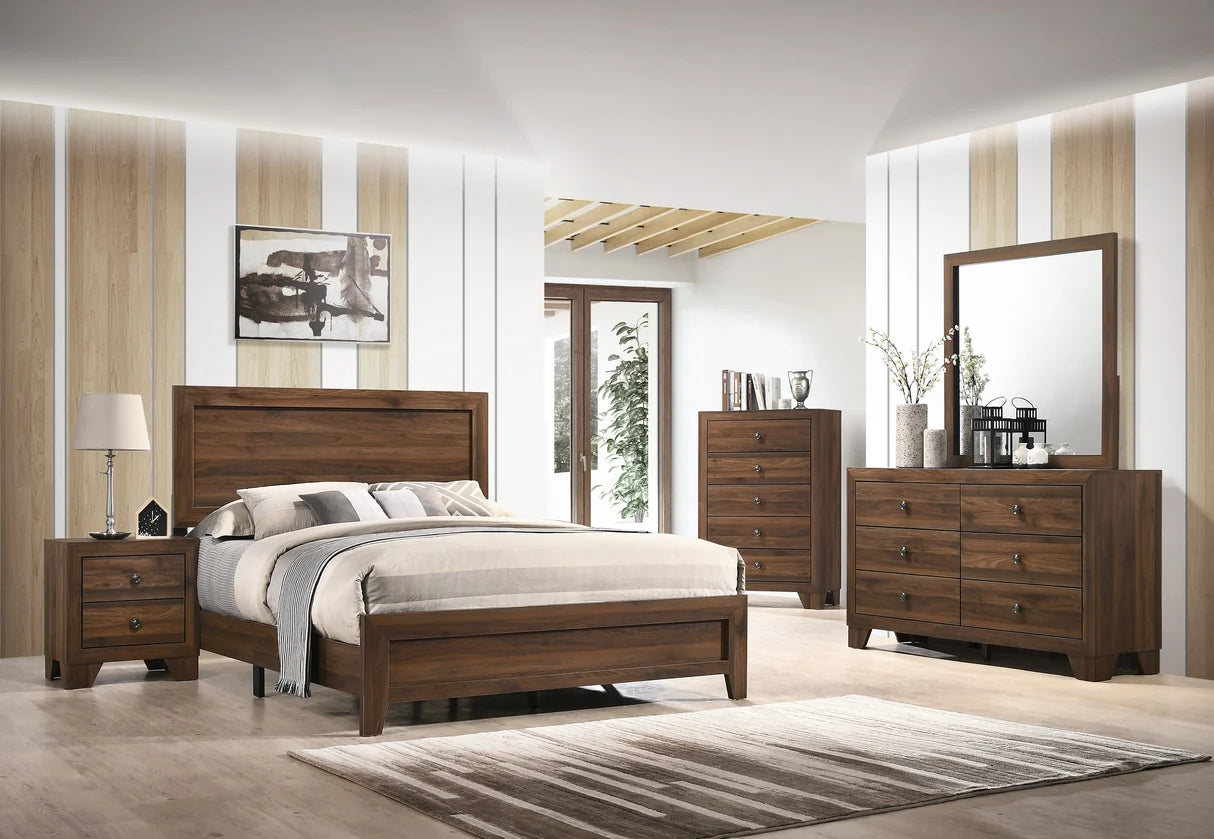 Millie collection wood-tone bedroom set with bed, dresser, mirror, nightstand, and chest