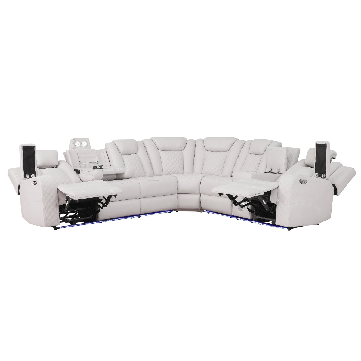 Light gray 3-piece reclining sectional sofa with LED base lighting and console