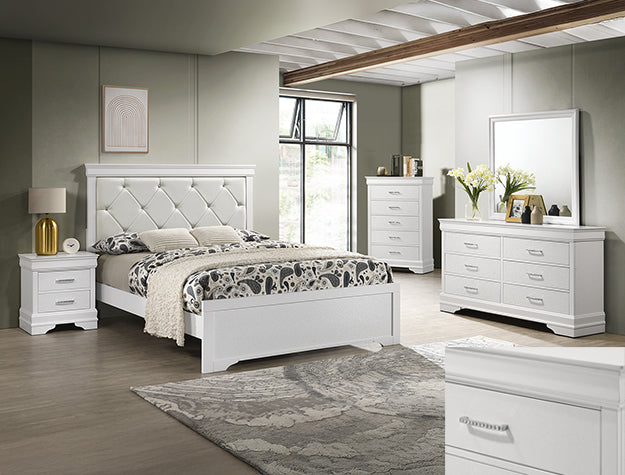 Amalia white panel bed with diamond-tufted upholstered headboard in a bedroom setting
