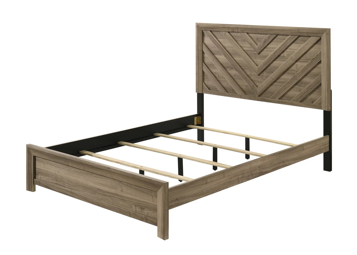 Valor bedroom set with chevron headboard bed, nightstand, dresser, mirror, and chest in a warm wood-tone finish