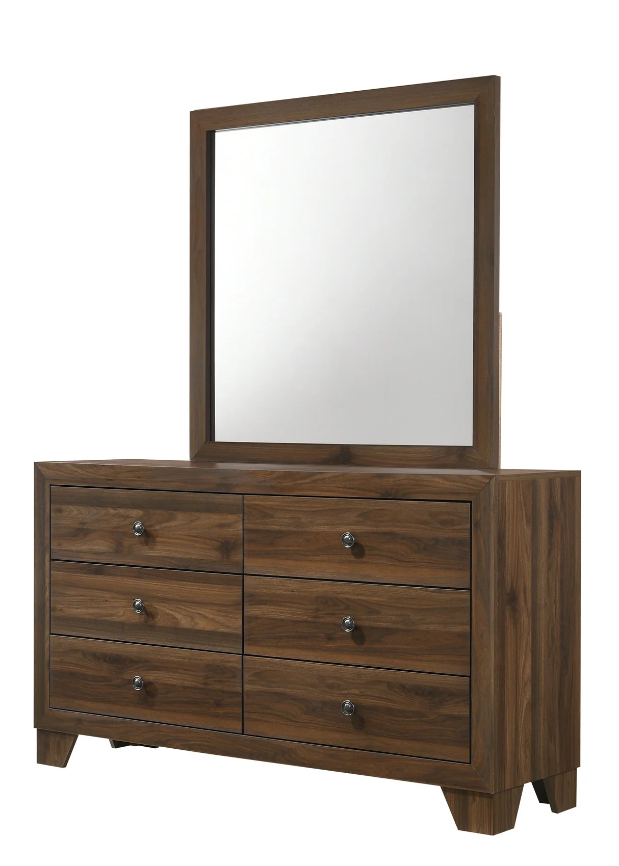 Millie collection wood-tone bedroom set with bed, dresser, mirror, nightstand, and chest