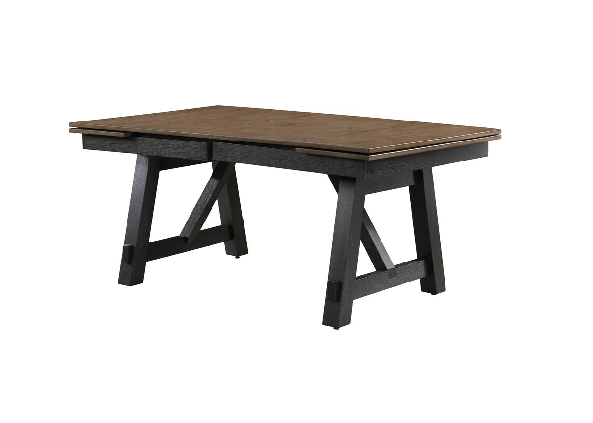 Maribelle two-tone trestle dining table with upholstered ladder-back chairs and bench