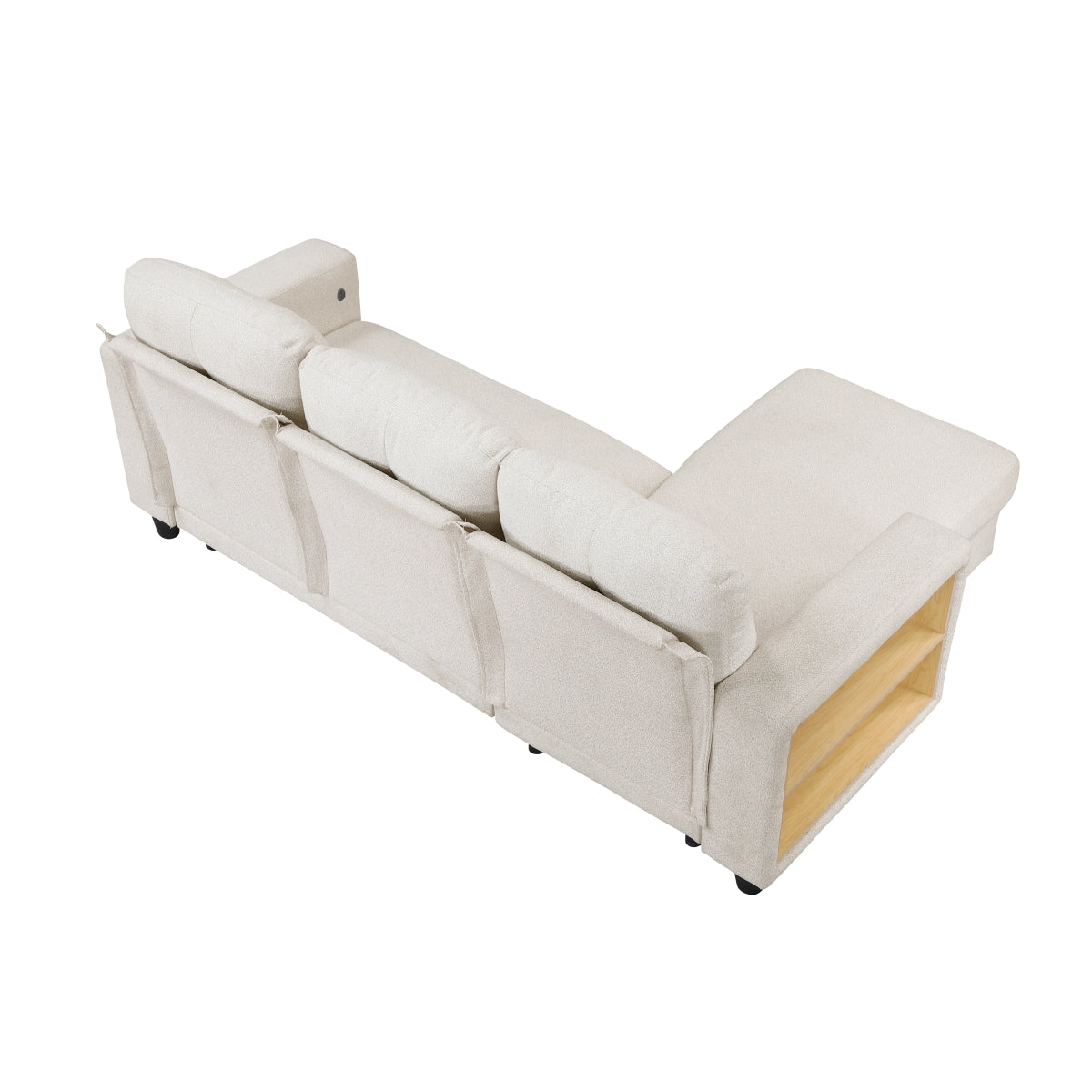 Beige boucle reversible sectional sofa with pull-out bed, storage chaise, side shelving and charging port