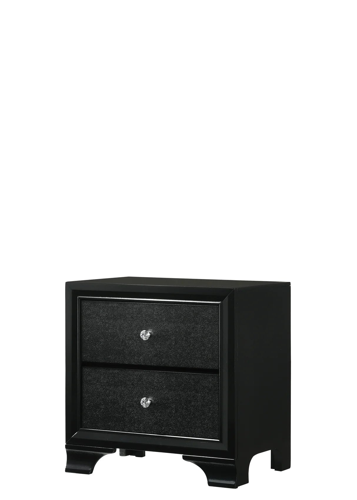 Micah black bedroom set with dresser, mirror, nightstand, and chest featuring crystal-style knobs