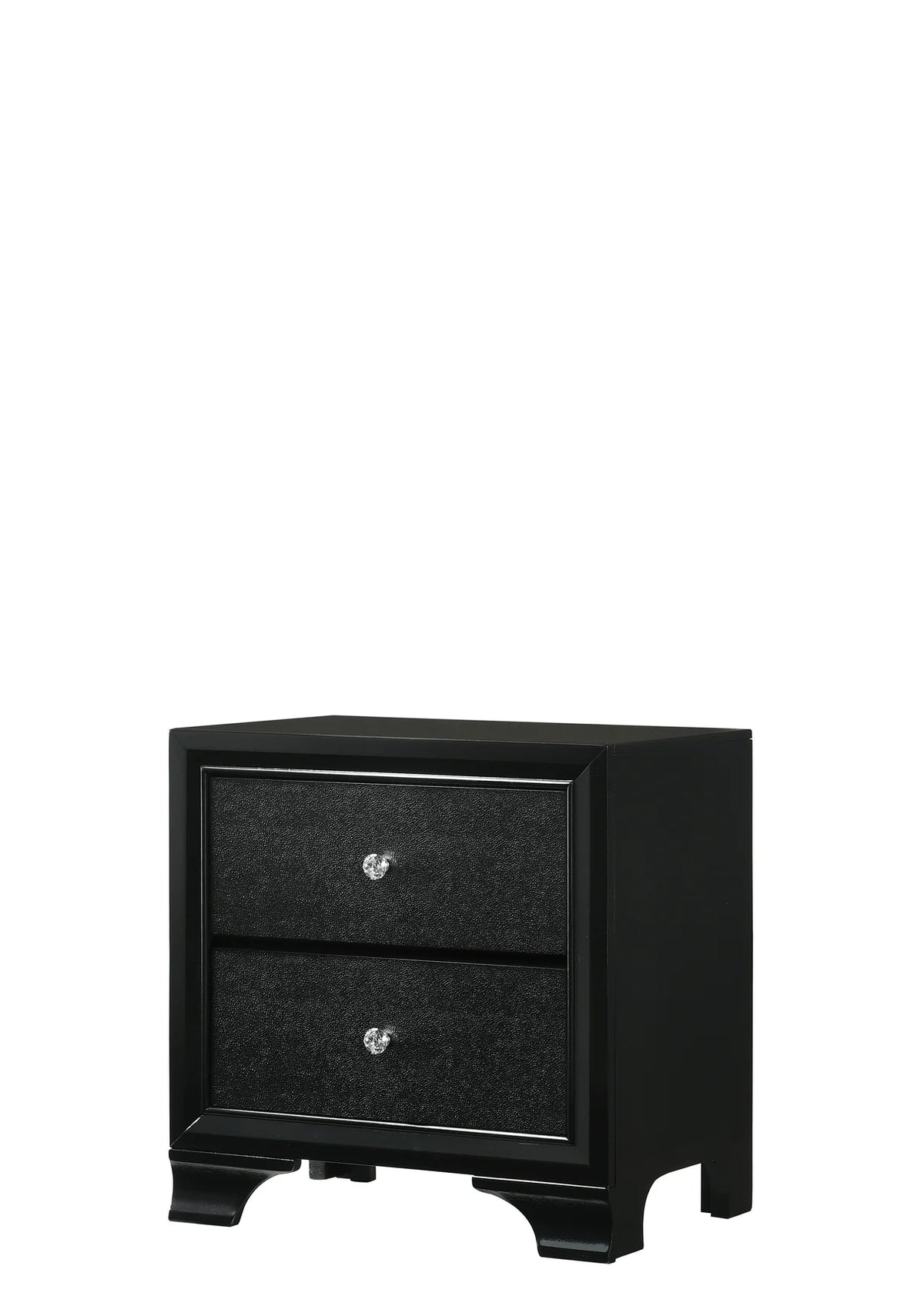 Micah black bedroom set with dresser, mirror, nightstand, and chest featuring crystal-style knobs