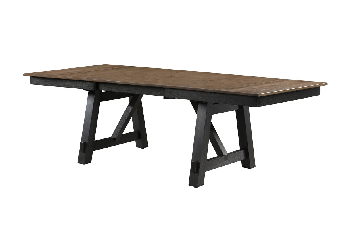 Maribelle two-tone trestle dining table with upholstered ladder-back chairs and bench