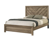Valor bedroom set with chevron headboard bed, nightstand, dresser, mirror, and chest in a warm wood-tone finish