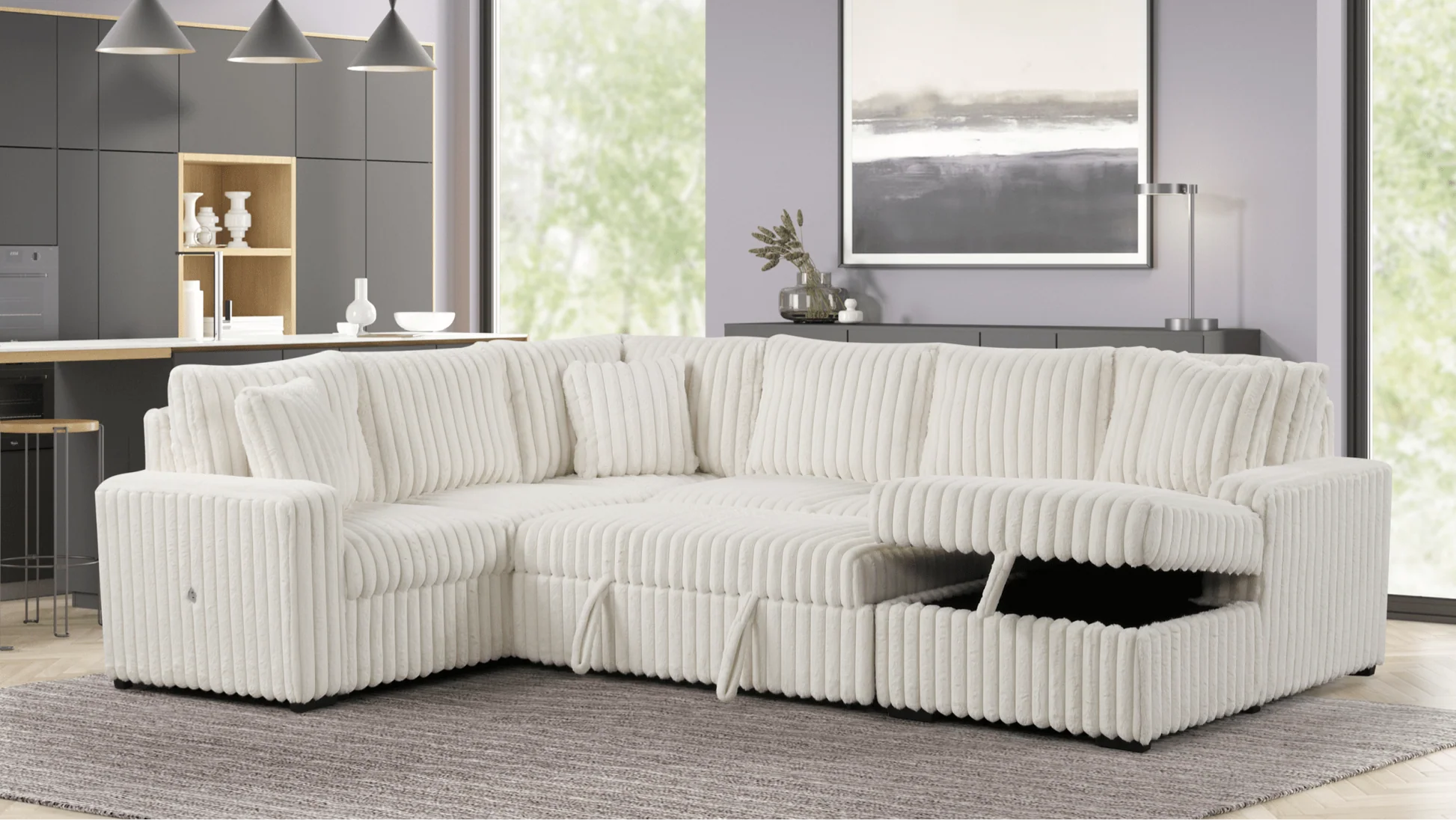 White strip soft fabric sectional sofa with pullout bed and hidden storage in modern living room