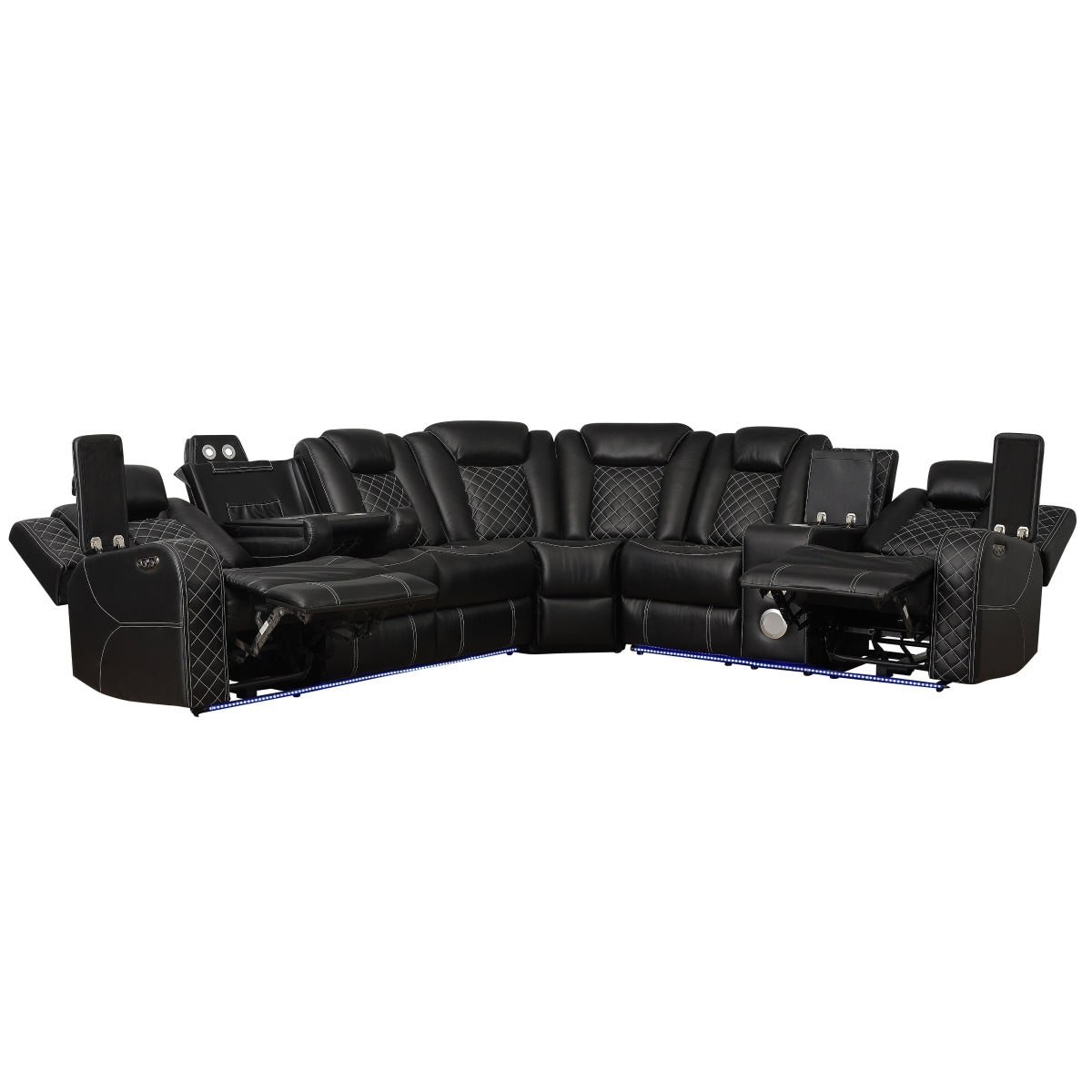 Black 3-piece reclining sectional sofa with LED accent lighting and diamond-stitched cushions