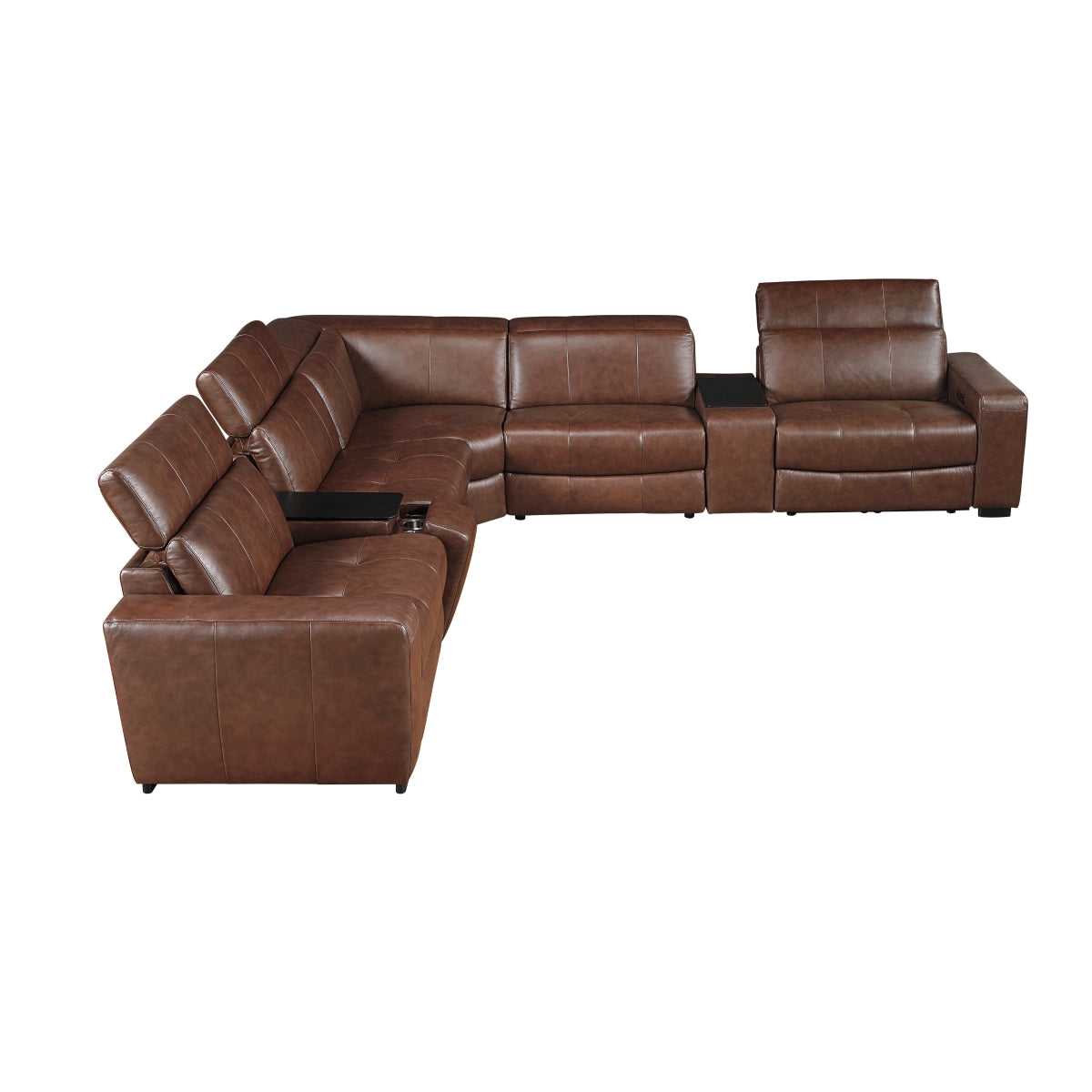 7-piece brown leather modular power reclining sectional sofa with headrests up and reclined