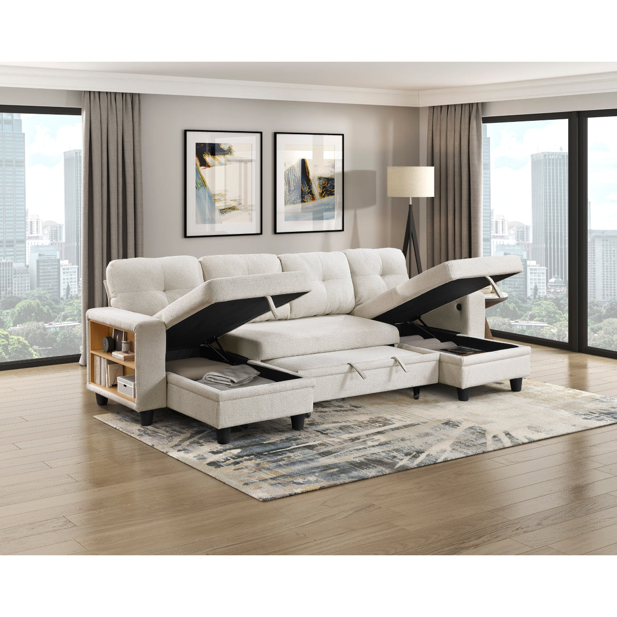 Beige boucle sectional sofa with pull-out bed, storage chaises, and built-in shelving