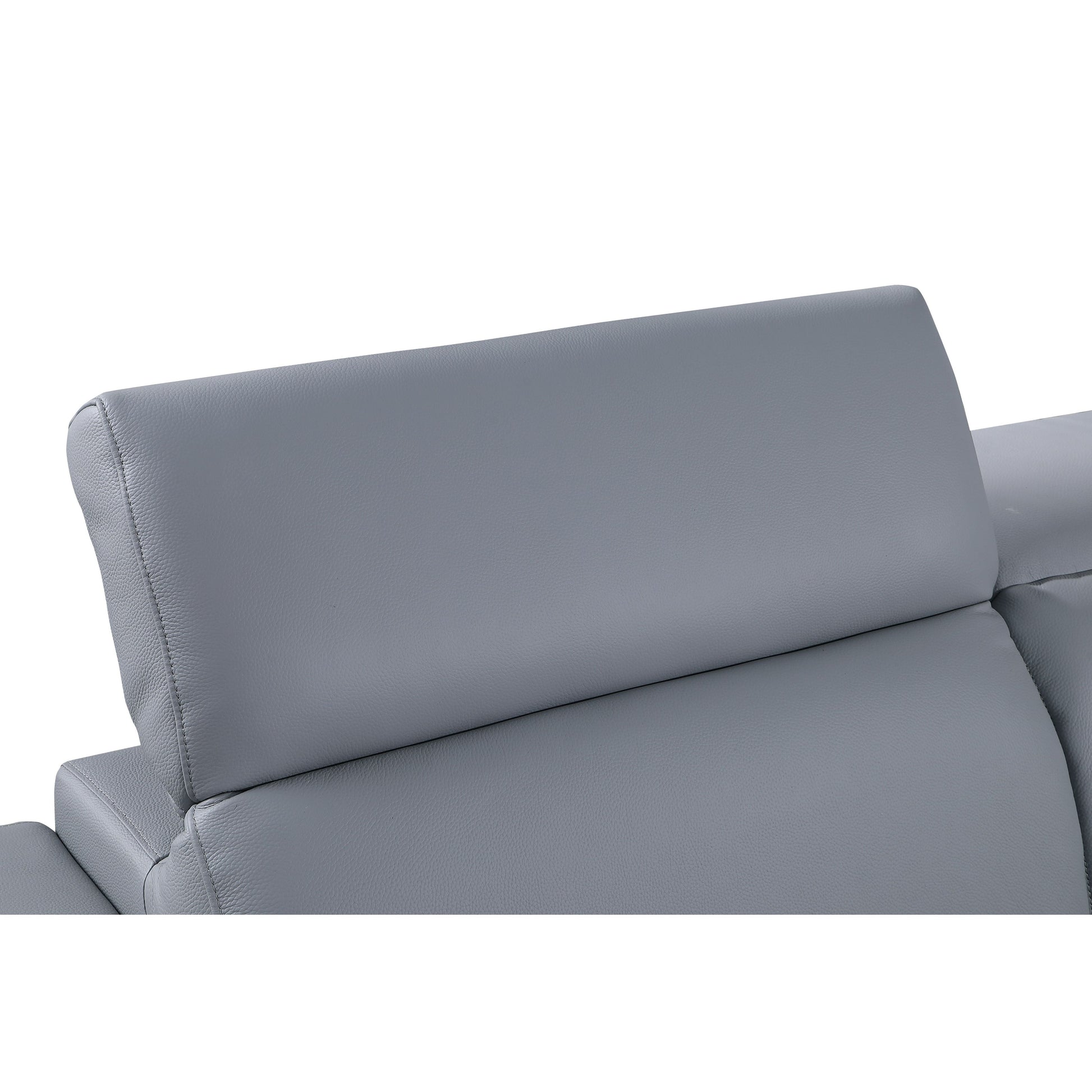 Favo 4-piece light blue-grey Italian leather sectional sofa with hexagon-tufted arms and chrome trim in a modern living room