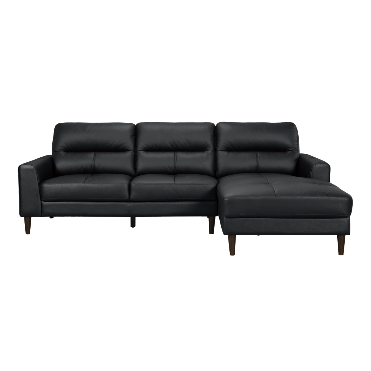 Black leather 2-piece sectional sofa with right-facing chaise and wood-tone legs