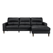 Black leather 2-piece sectional sofa with right-facing chaise and wood-tone legs