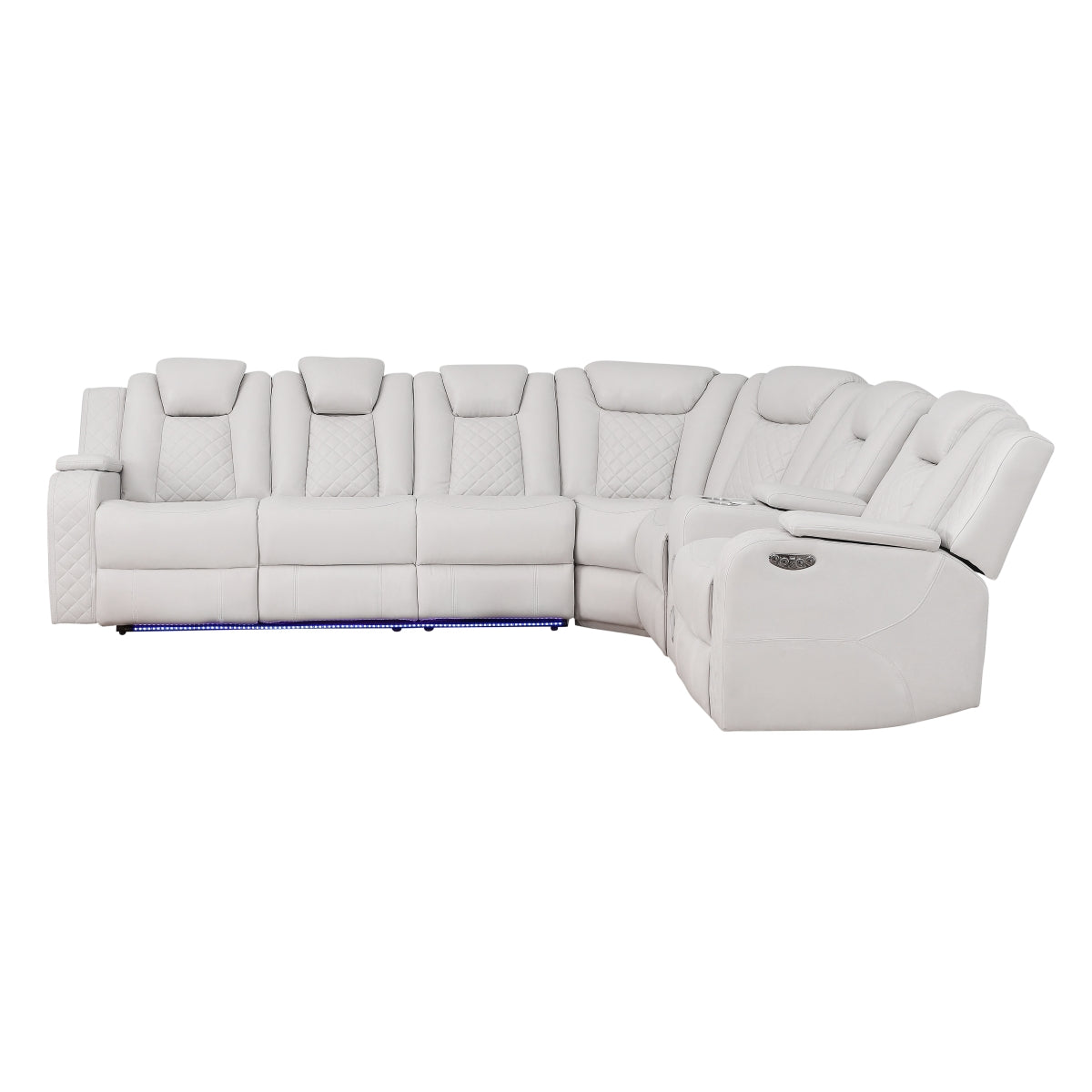 Light gray 3-piece reclining sectional sofa with LED base lighting and console