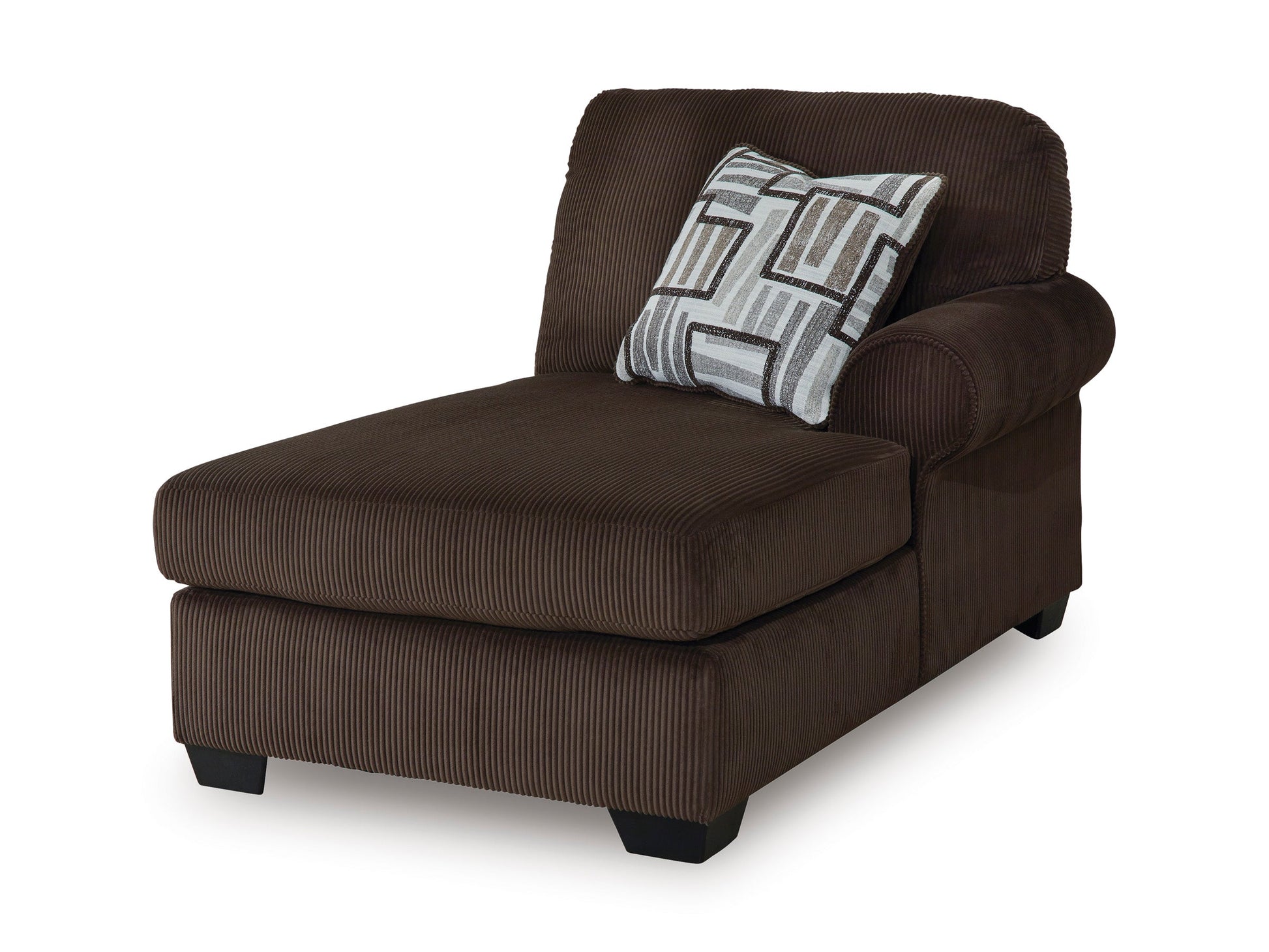 Chocolate brown transitional sectional sofa with corner chaise and matching ottoman in a living room setting
