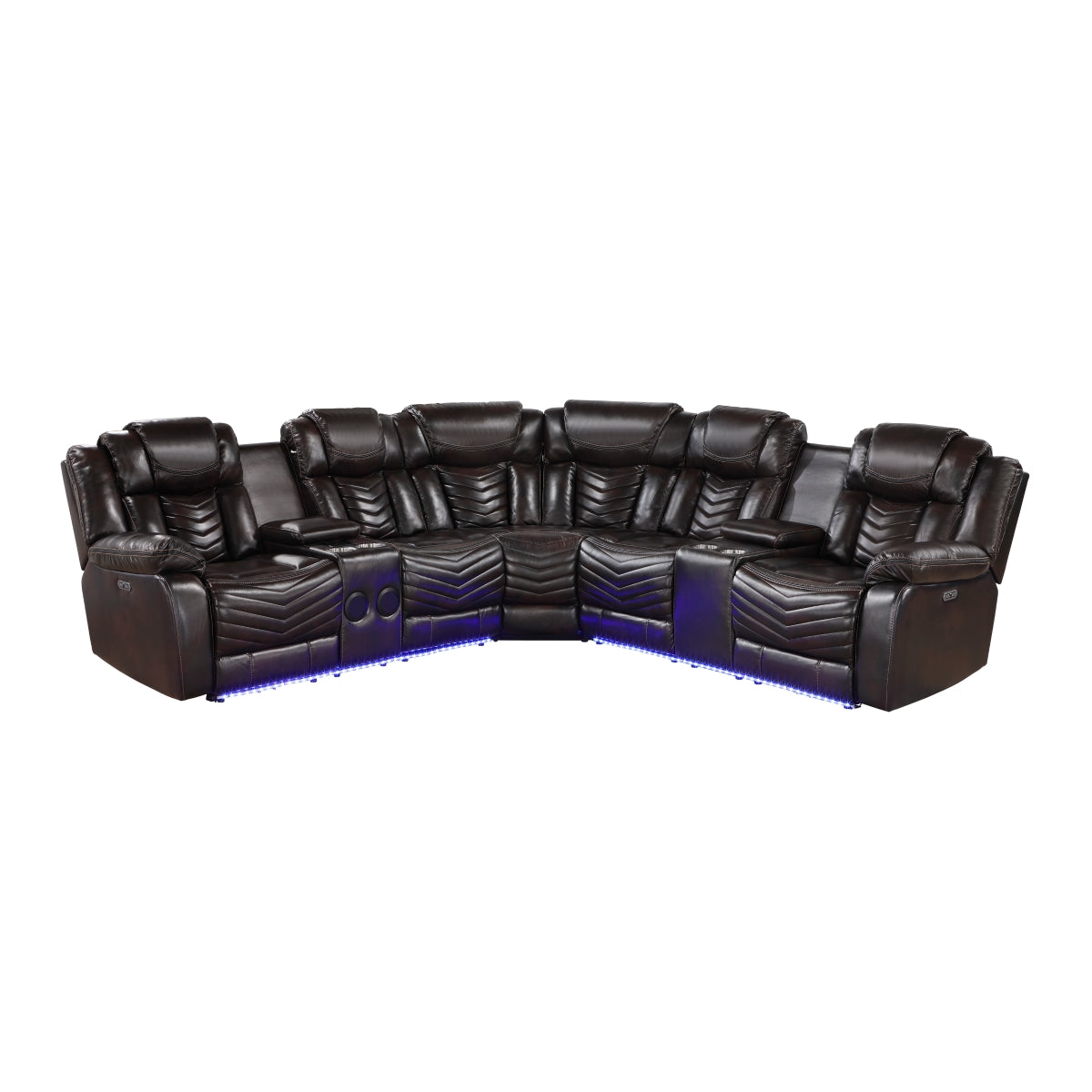 Dark brown faux leather power reclining sectional with LED lighting and consoles