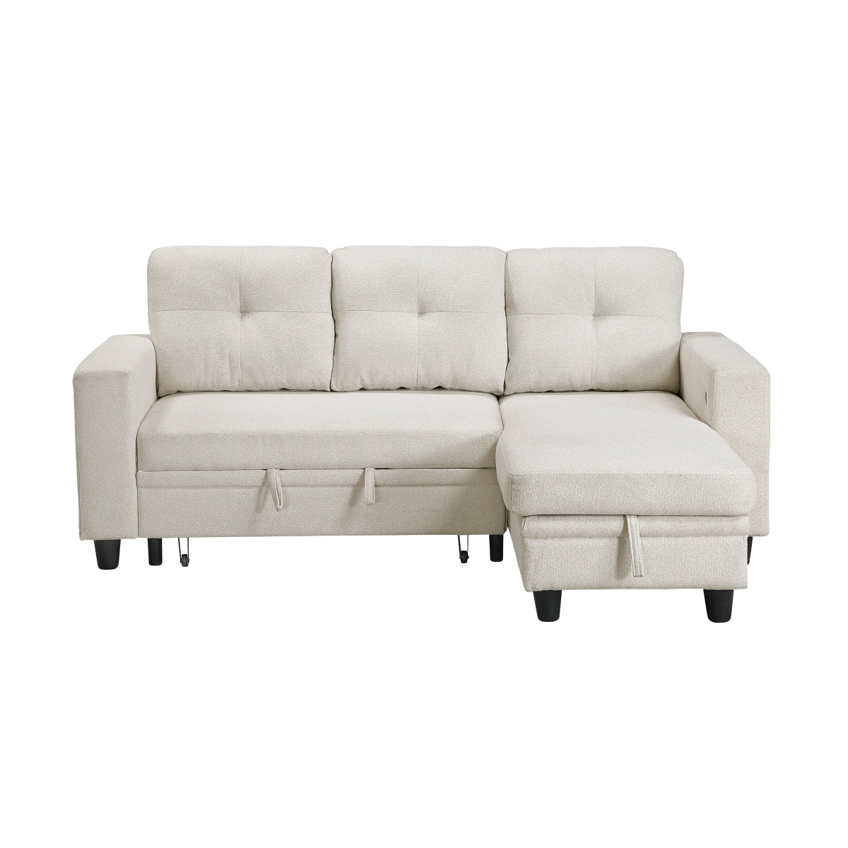 Beige boucle reversible sectional sofa with pull-out bed, storage chaise, side shelving and charging port