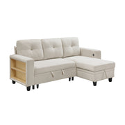 Beige boucle reversible sectional sofa with pull-out bed, storage chaise, side shelving and charging port