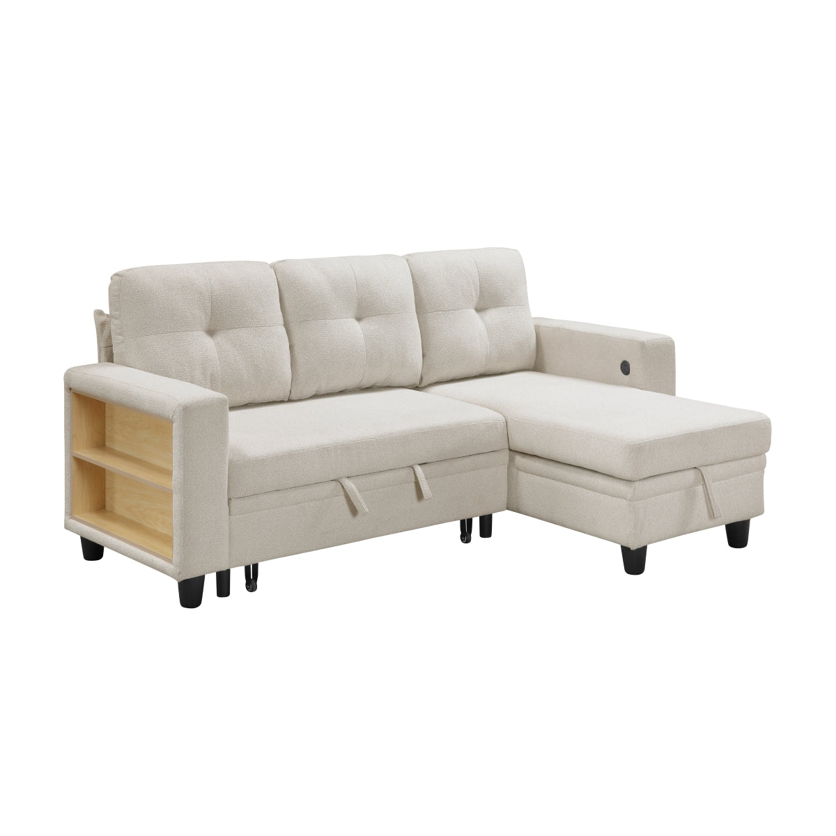Beige boucle reversible sectional sofa with pull-out bed, storage chaise, side shelving and charging port