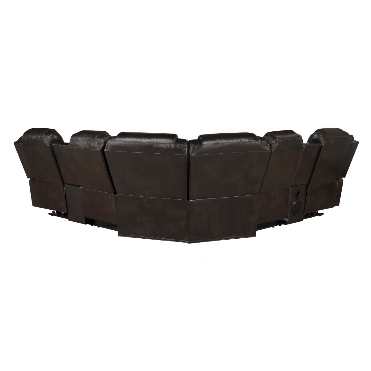 Dark brown faux leather power reclining sectional with LED lighting and consoles