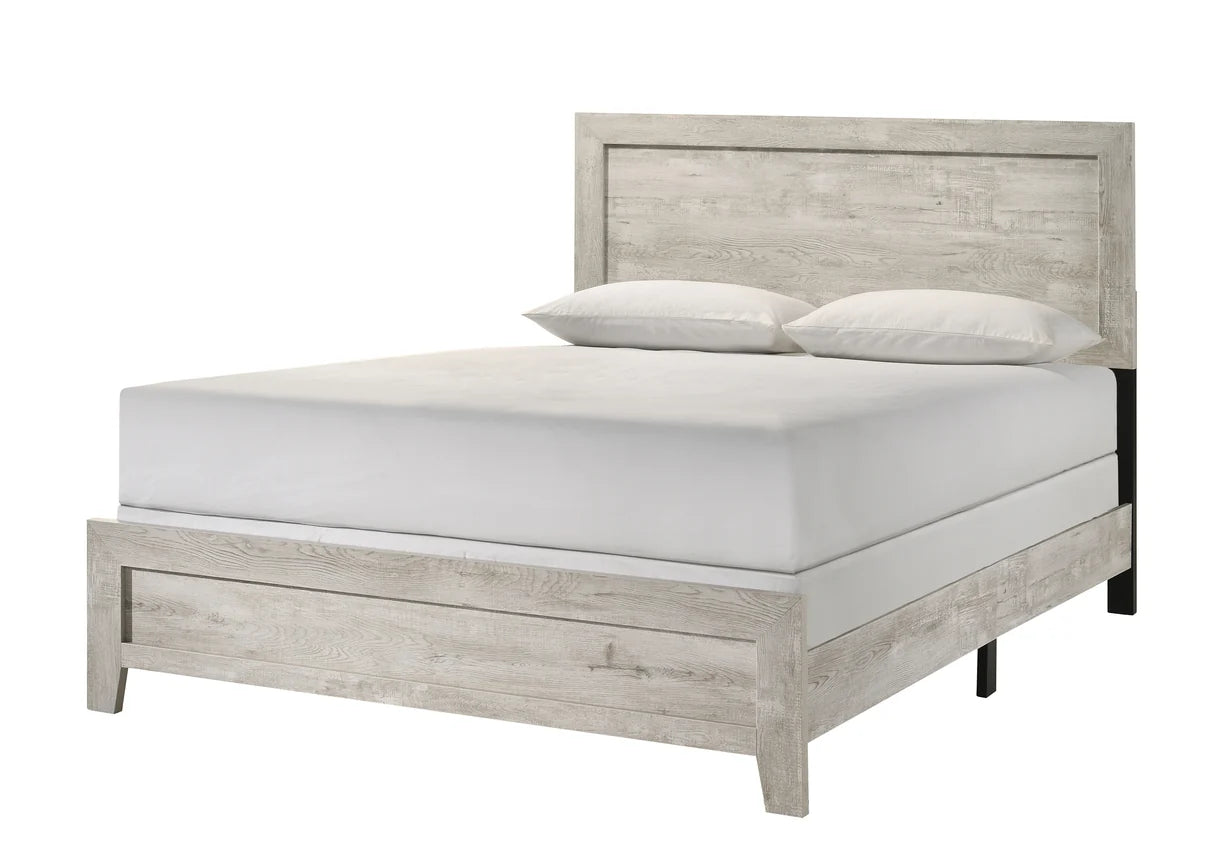 Millie whitewashed wood-look panel bed shown with matching dresser, mirror, and nightstand in a bedroom setting