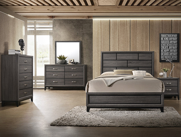 Akerson grey finish dresser mirror mounted above matching dresser in bedroom