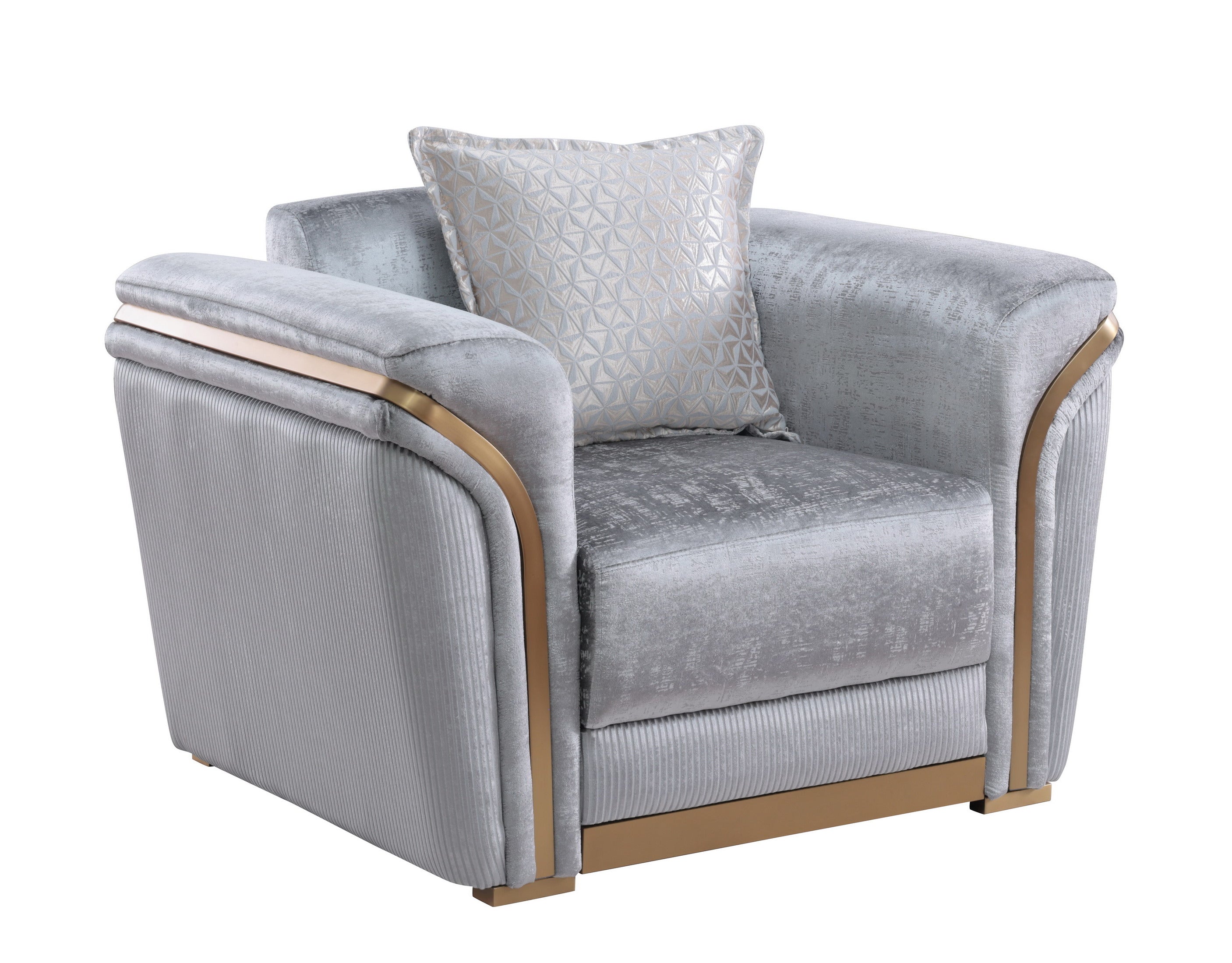 Torino Grey sofa, loveseat, and chair set with gold-tone trim in a modern living room