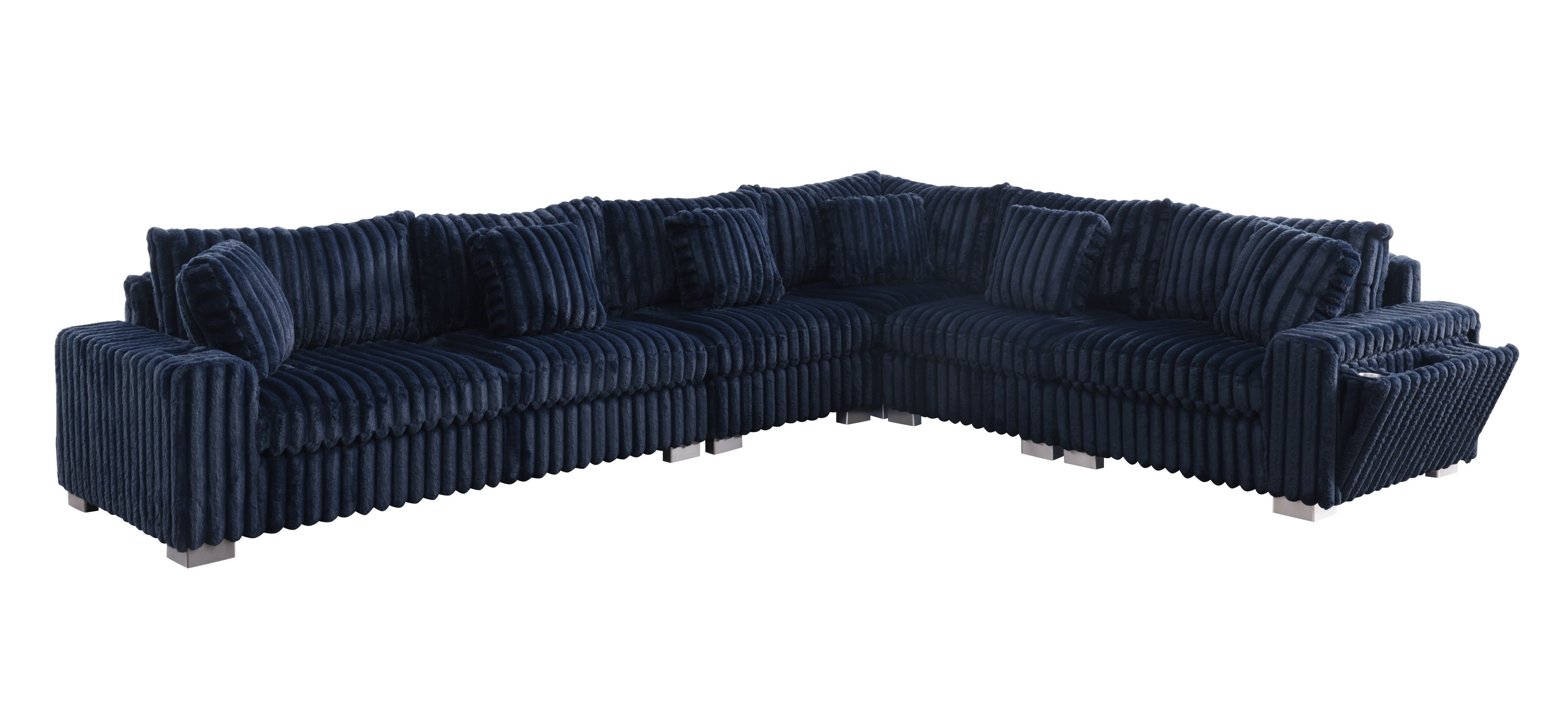 Blue textured sectional sofa with Bluetooth console, cupholders, and ottoman in a living room