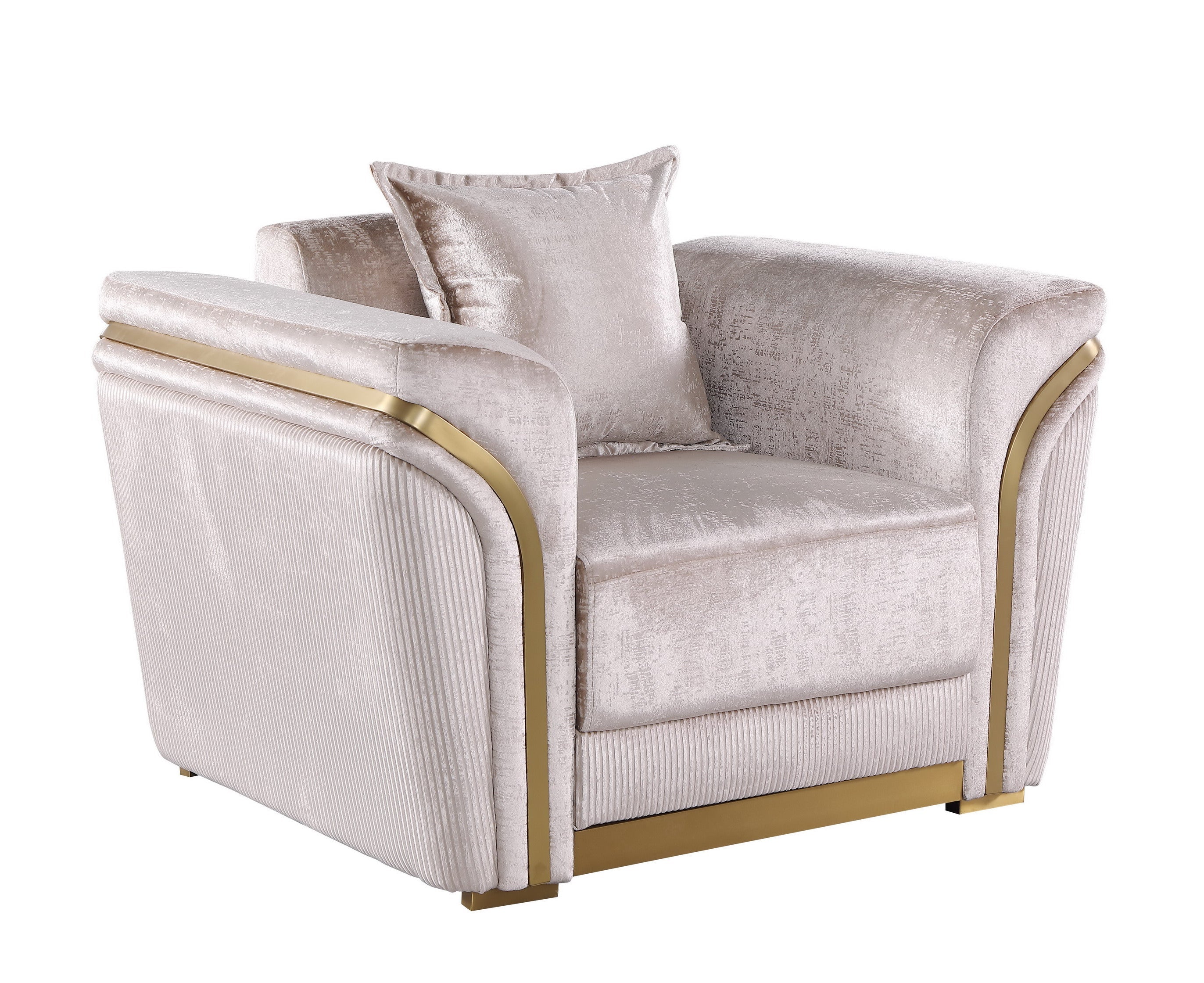 Torino Champagne sofa, loveseat, and chair set with gold frame accents in a modern living room