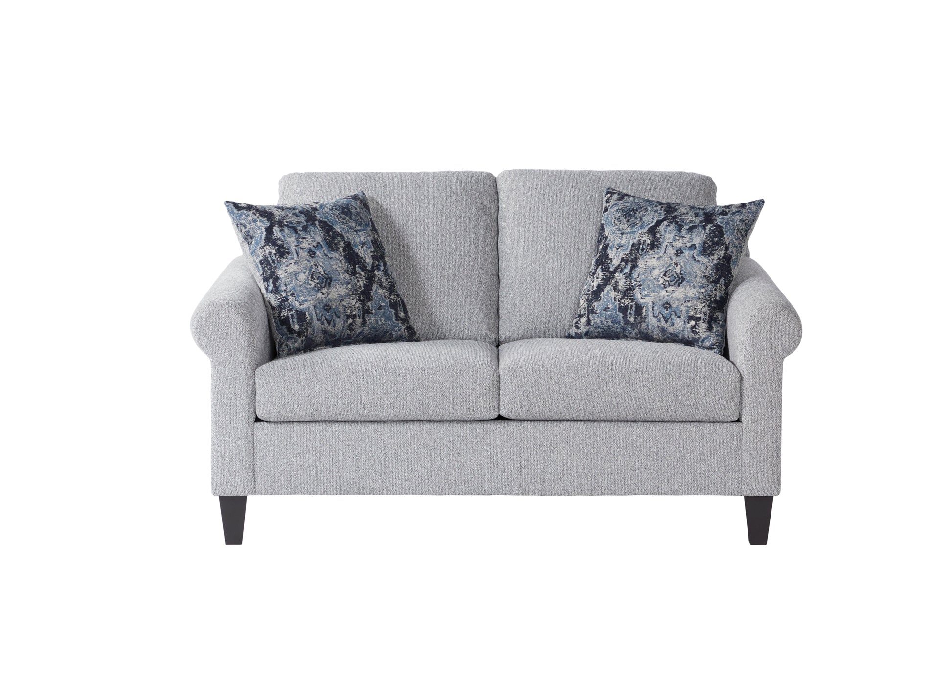 Gray sofa with two decorative pillows on a white background