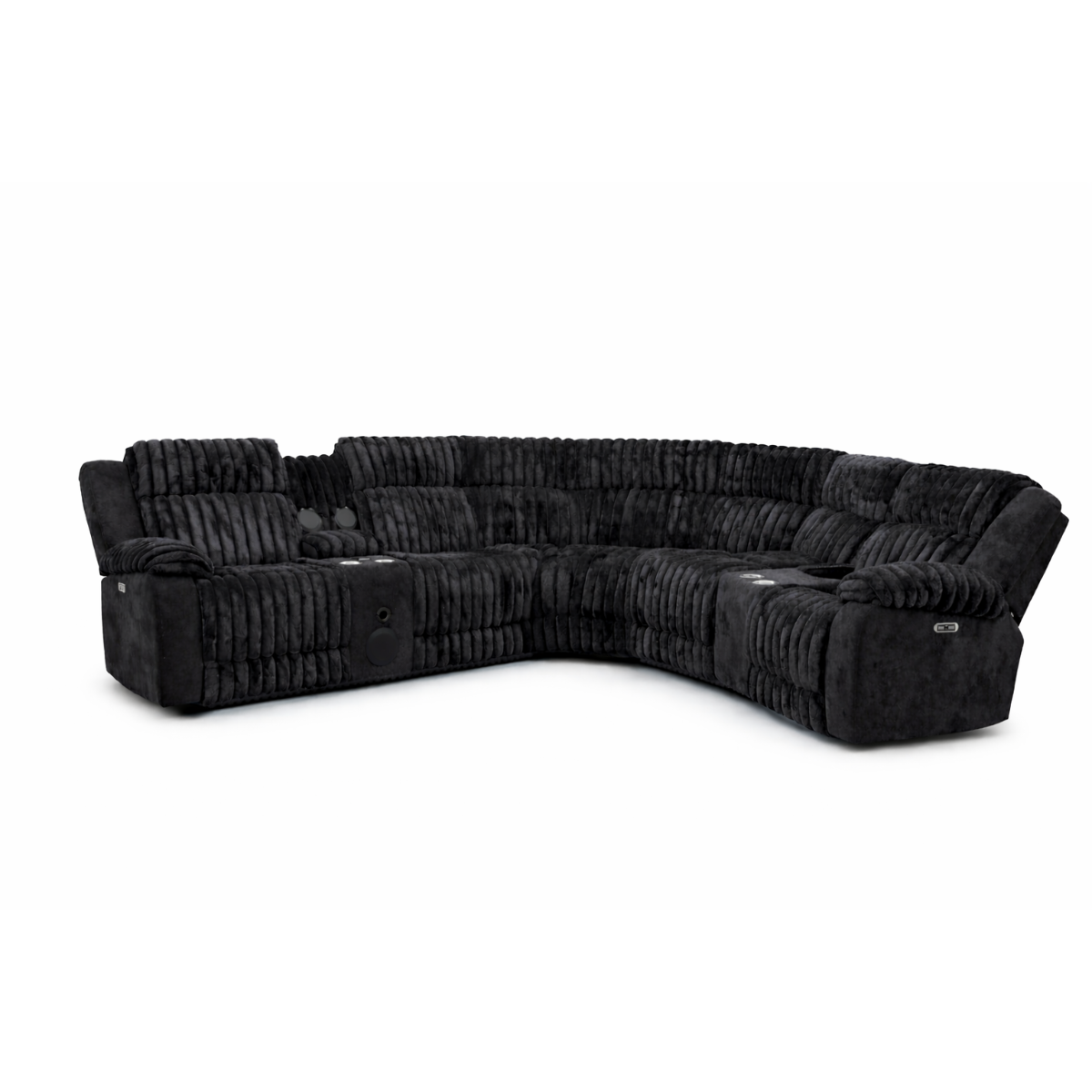 Black corduroy power reclining sectional sofa with LED lighting and built-in speakers
