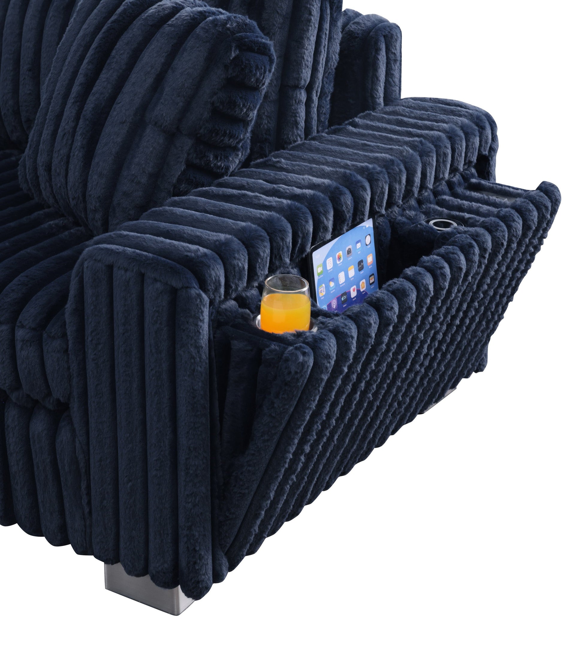 Blue textured sectional sofa with Bluetooth console, cupholders, and ottoman in a living room
