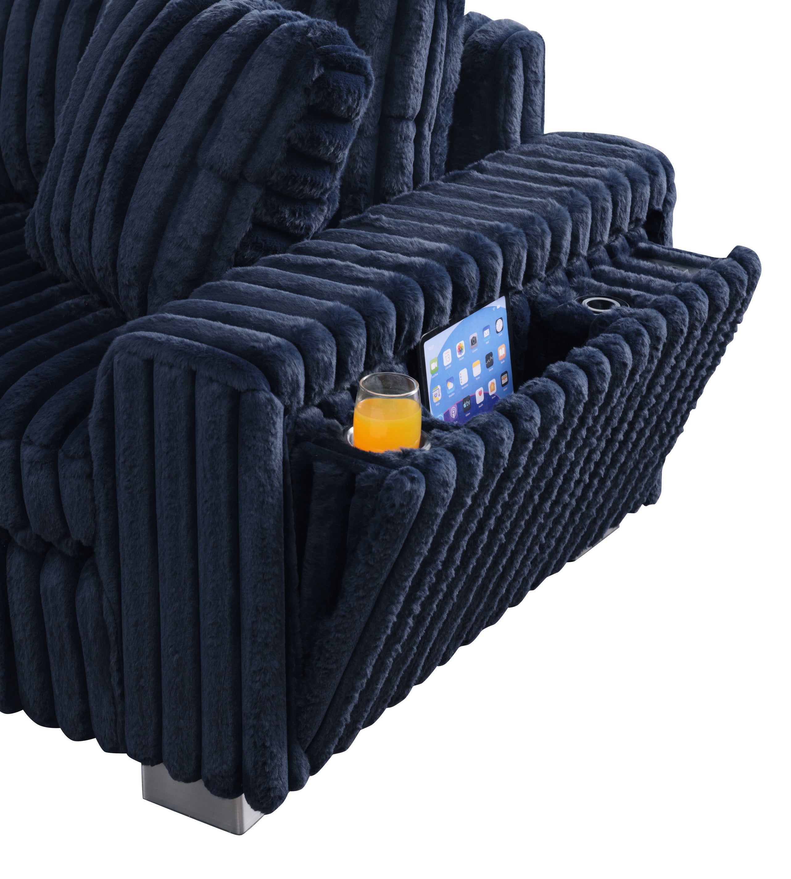Blue textured sectional sofa with Bluetooth console, cupholders, and ottoman in a living room