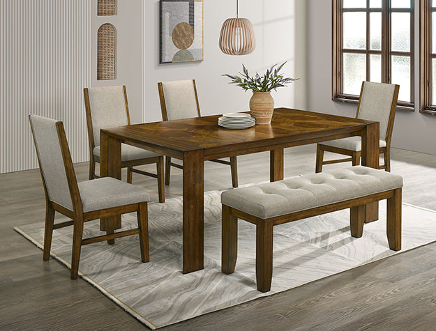 Hollister dining set with wood-tone table, upholstered chairs, and tufted bench
