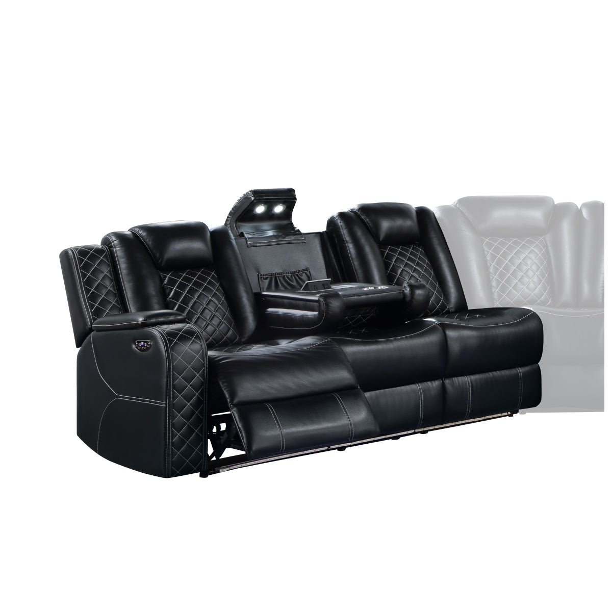 Black 3-piece reclining sectional sofa with LED accent lighting and diamond-stitched cushions