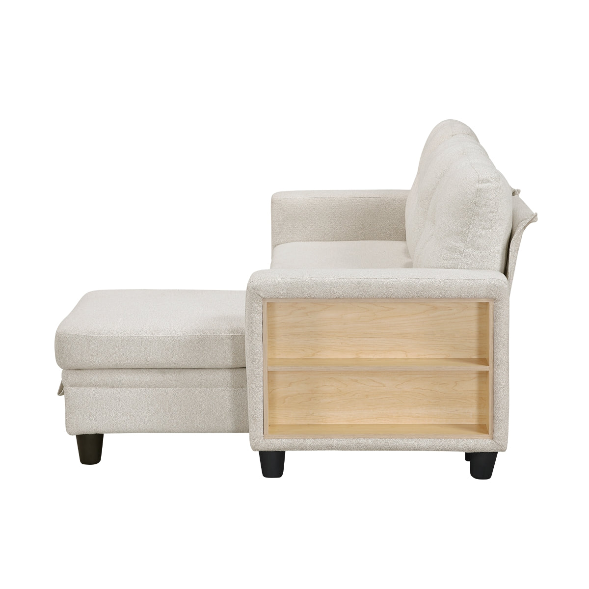 Beige boucle reversible sectional sofa with pull-out bed, storage chaise, side shelving and charging port