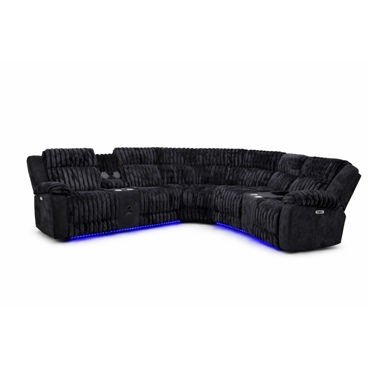 Black corduroy power reclining sectional sofa with LED lighting and built-in speakers