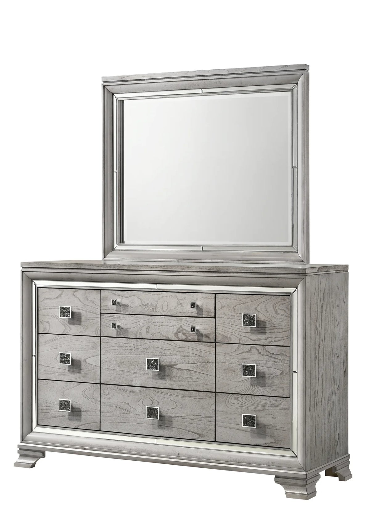 Vail grey upholstered LED bedroom set with mirrored trim including bed, dresser, mirror, and nightstand