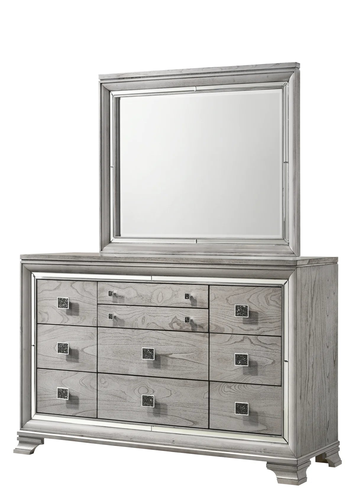 Vail grey upholstered LED bedroom set with mirrored trim including bed, dresser, mirror, and nightstand
