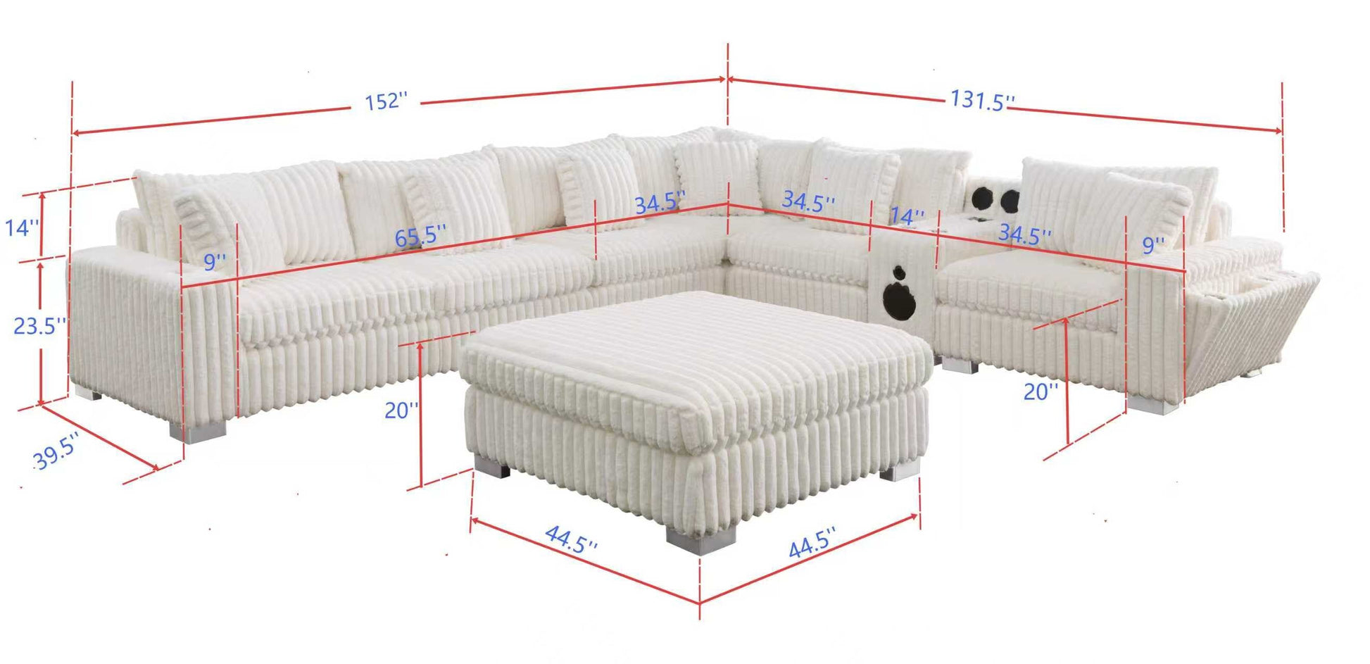 S329 Snuggle Station cream sectional with built-in tech console, Bluetooth speakers, and wireless charging in a living room setting