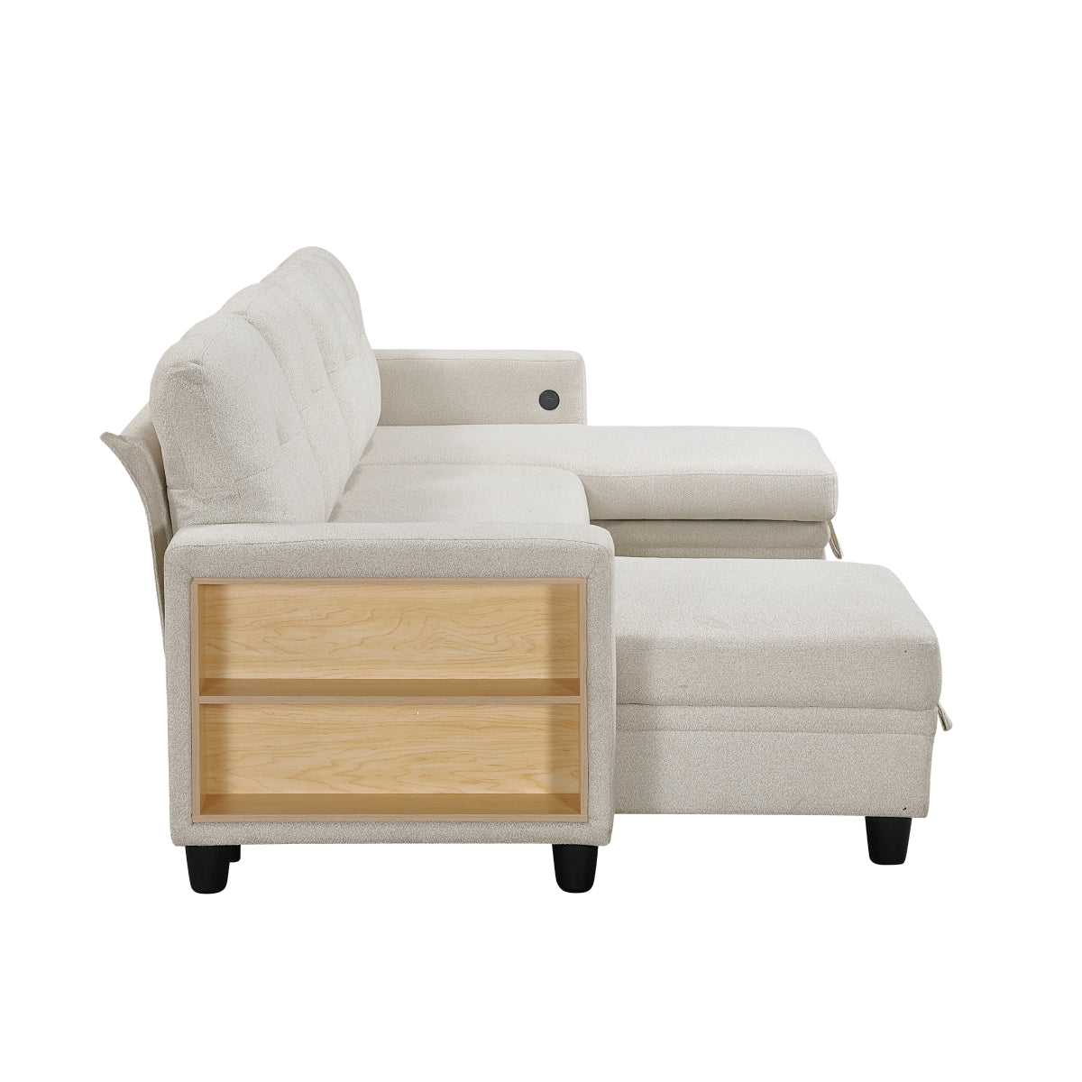 Beige boucle sectional sofa with pull-out bed, storage chaises, and built-in shelving