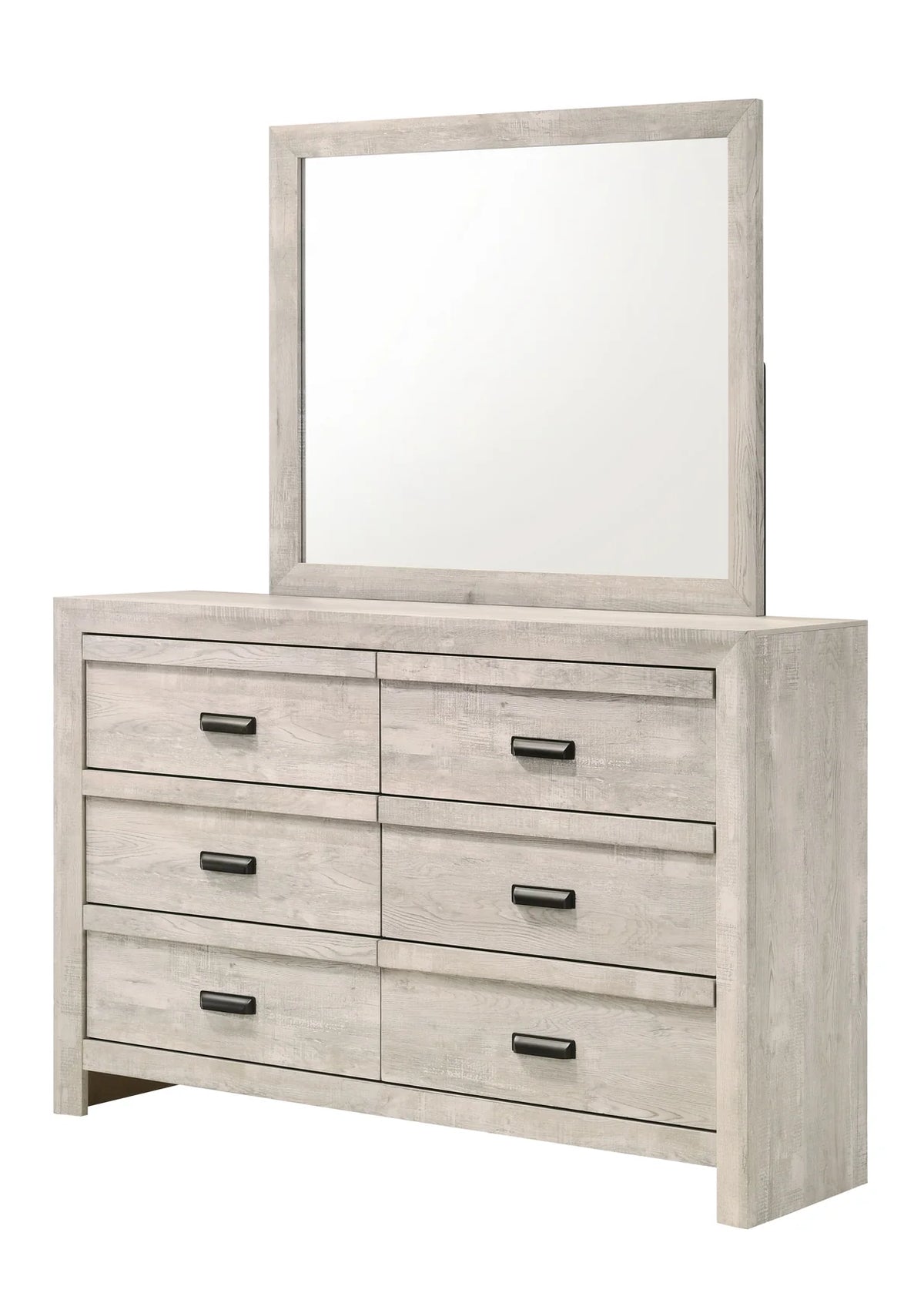 Valor whitewashed bedroom set with chevron headboard bed, dresser, mirror, nightstand, and chest