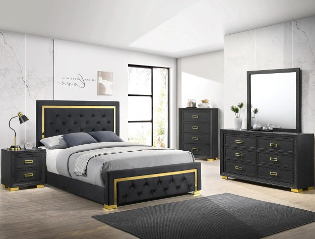 Pepe black upholstered tufted bed with gold trim accents in a bedroom setting
