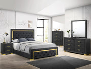 Pepe black tufted upholstered bed with gold trim and matching bedroom furniture set